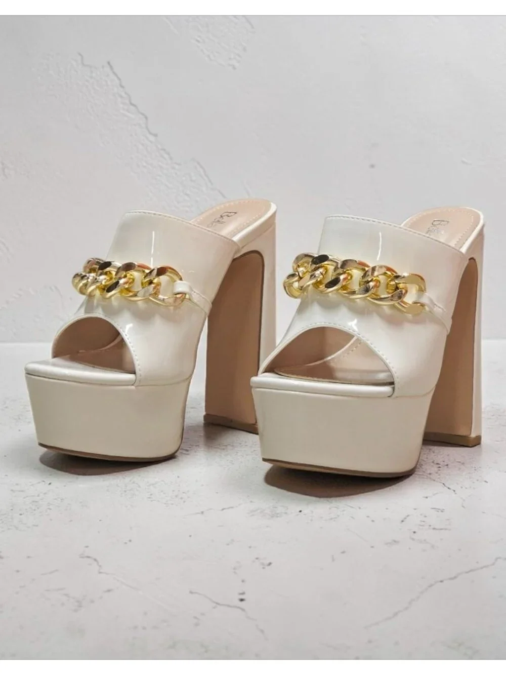 White Platform Heels With Gold Chain Detail Open Toe Patent Finish & Chunky Bloc